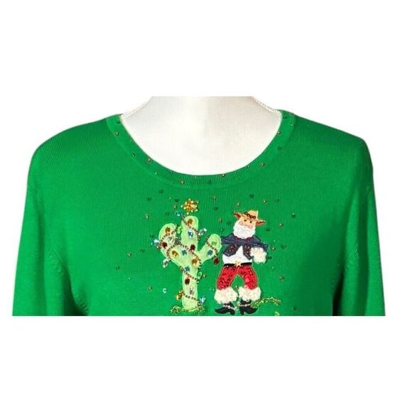 Vintage Berek Christmas Sweater Size Large Green Santa Cowboy Cactus Beaded - Picture 3 of 8